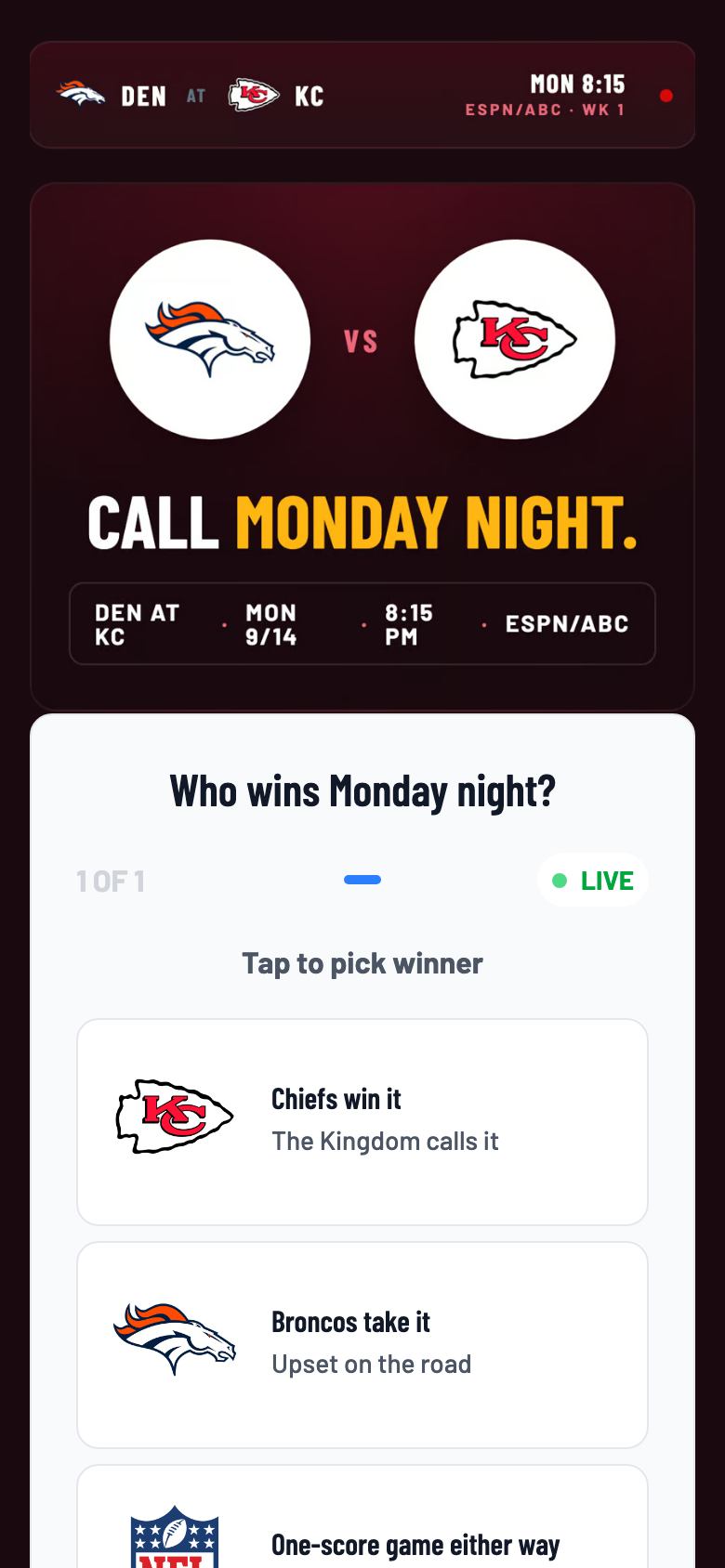 Gameday Pick — live hub